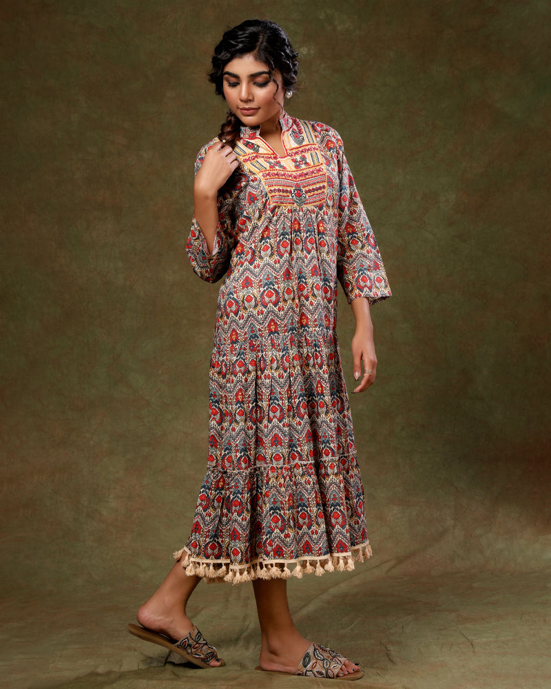 Maroon Tiered Style Printed Dress for Women