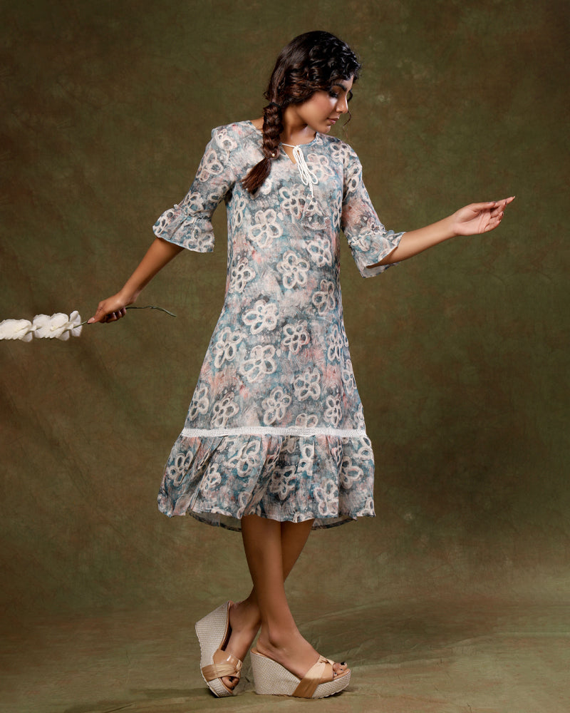 Powder Blue Mid length Cotton Printed Dress for Women
