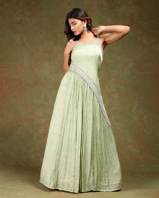 Pista Green Floor length Flared Gown for Party Session