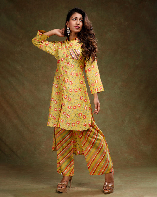 Yellow High and Low Kurta with Pant in Cotton