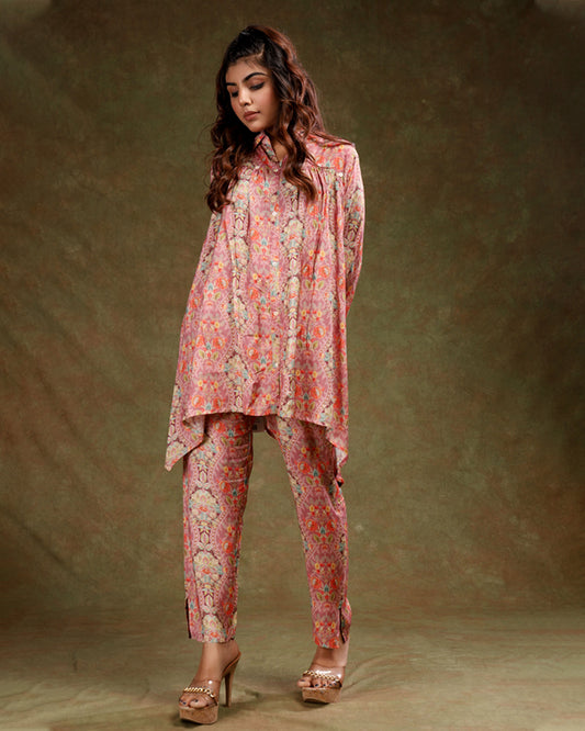 Peach High and Low Kurta with Pant in Cotton