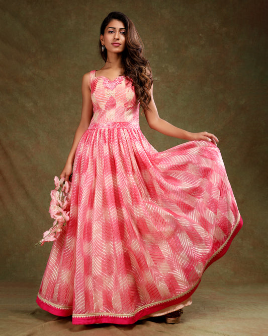 Pink Foil Printed Gown for Party in Georgette