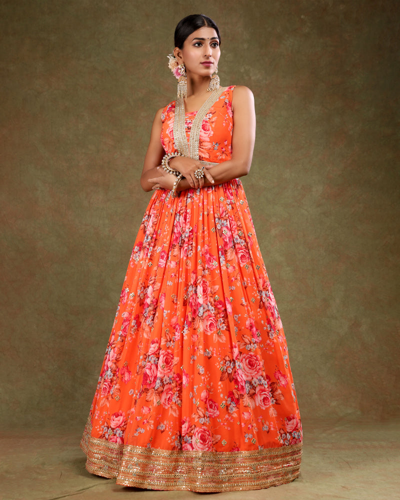 Orange Floral Printed Style Anarkali Set with Dupatta