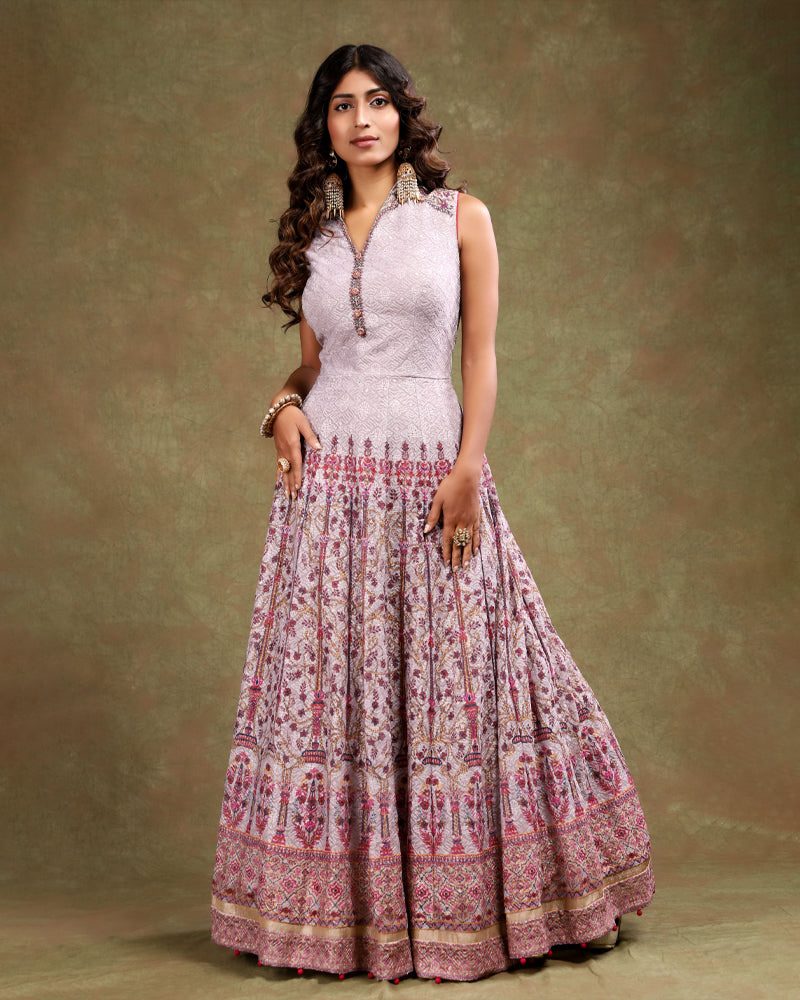 Dusty Pink Printed Style Designer Anarkali Set with Dupatta