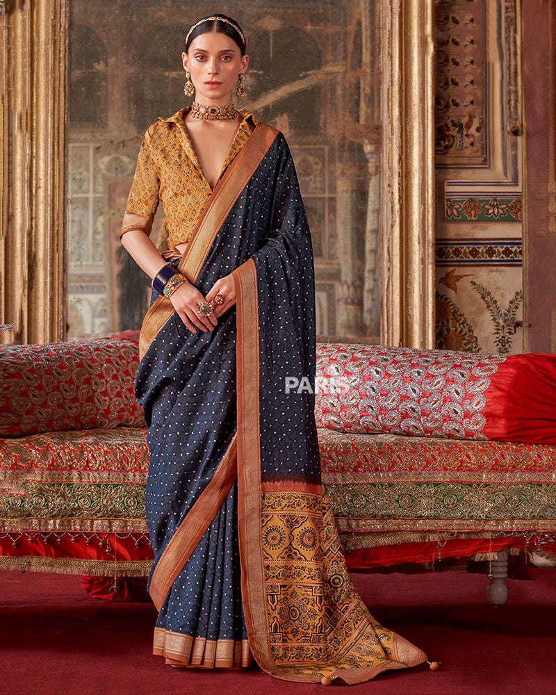 Insignia Blue Printed Silk Saree with Unstitched Blouse 01