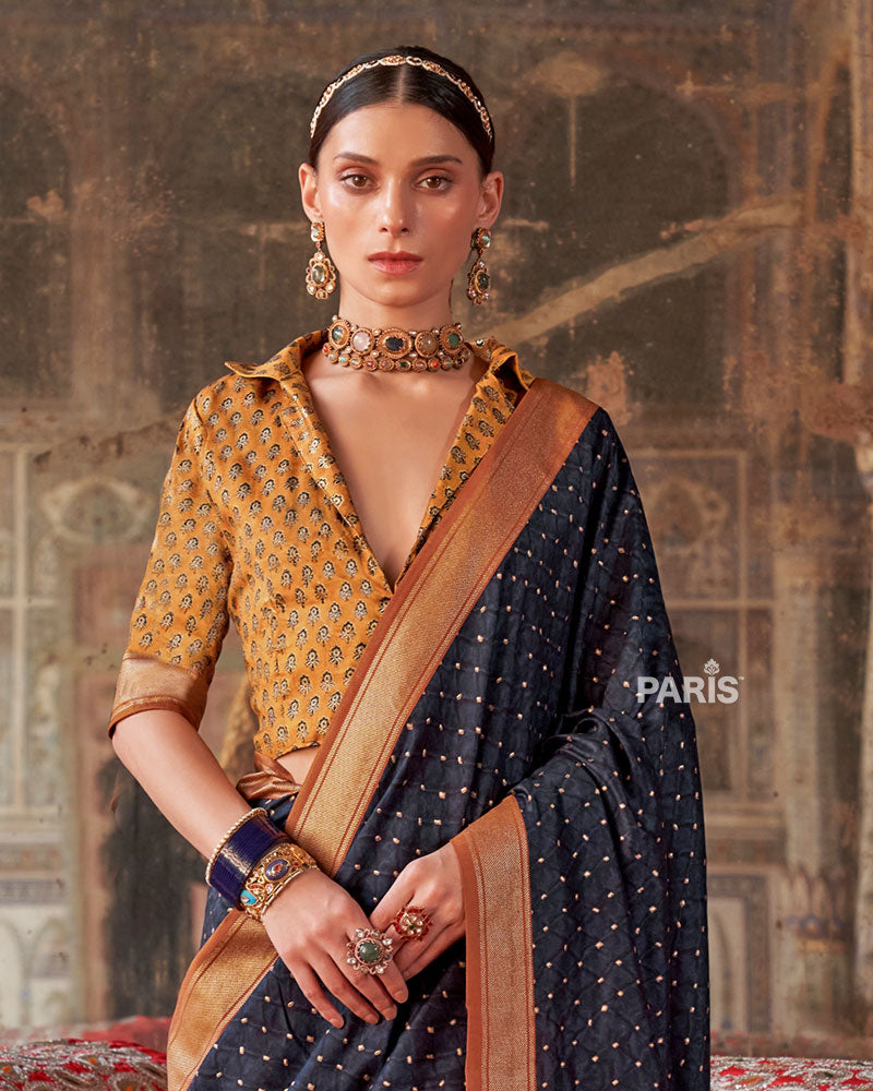 Insignia Blue Printed Silk Saree with Unstitched Blouse 02