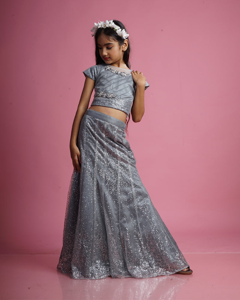 Silver Shade lehenga and crop top set for wedding session