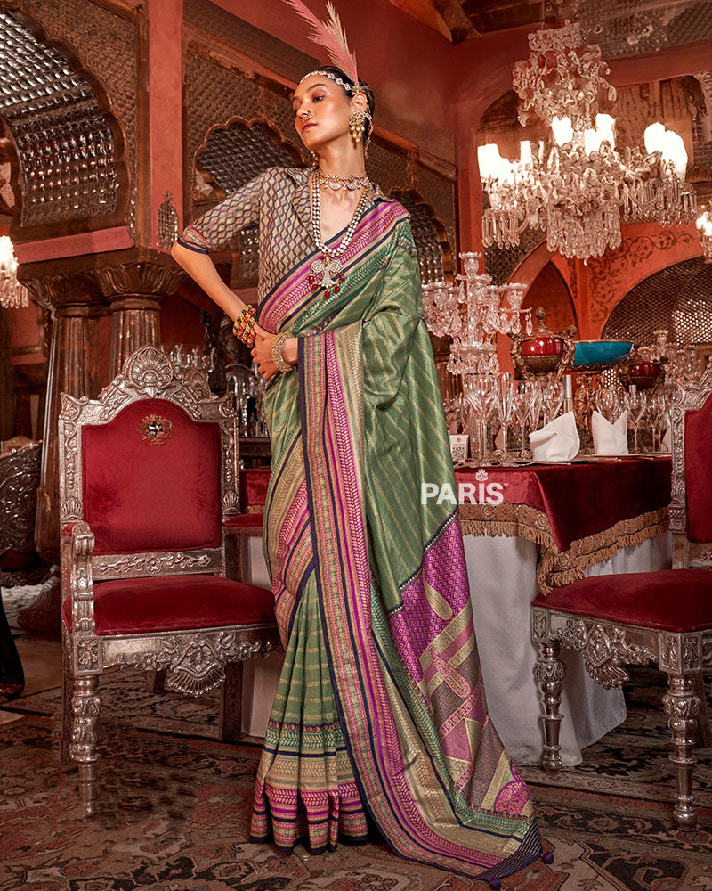 Sage Green Kanjivaram Silk Saree with Unstitched Blouse