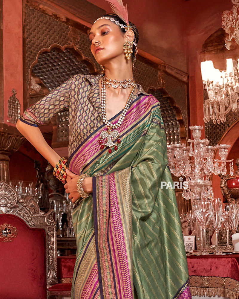 Sage Green Kanjivaram Silk Saree with Unstitched Blouse