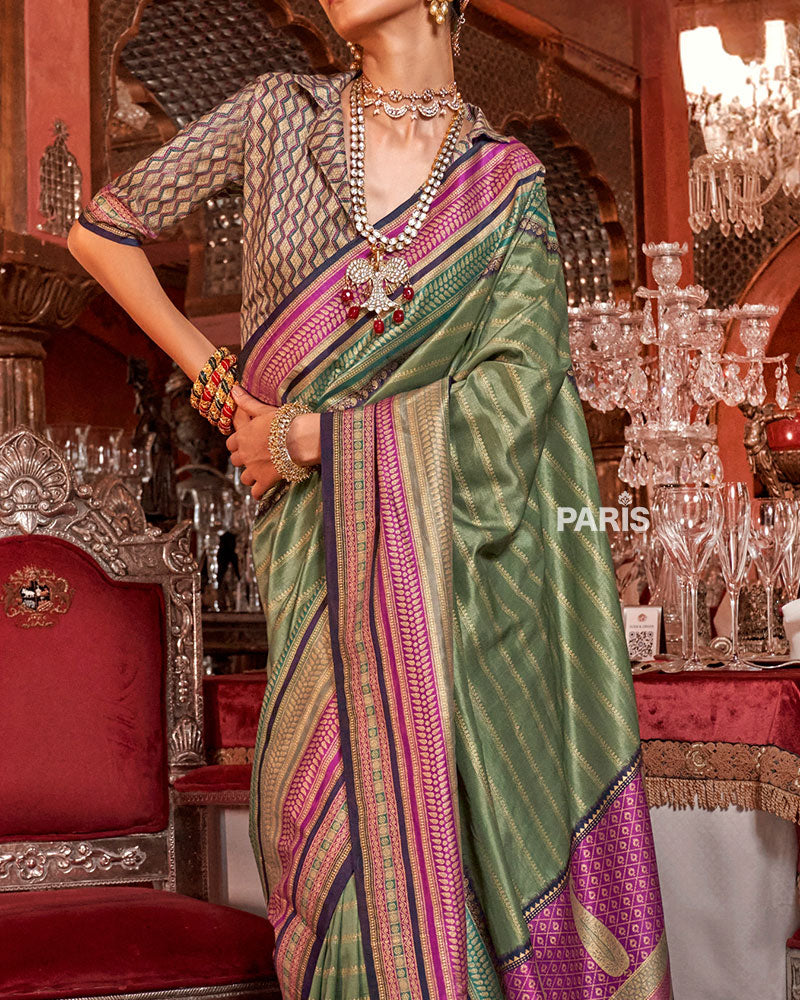 Sage Green Kanjivaram Silk Saree with Unstitched Blouse