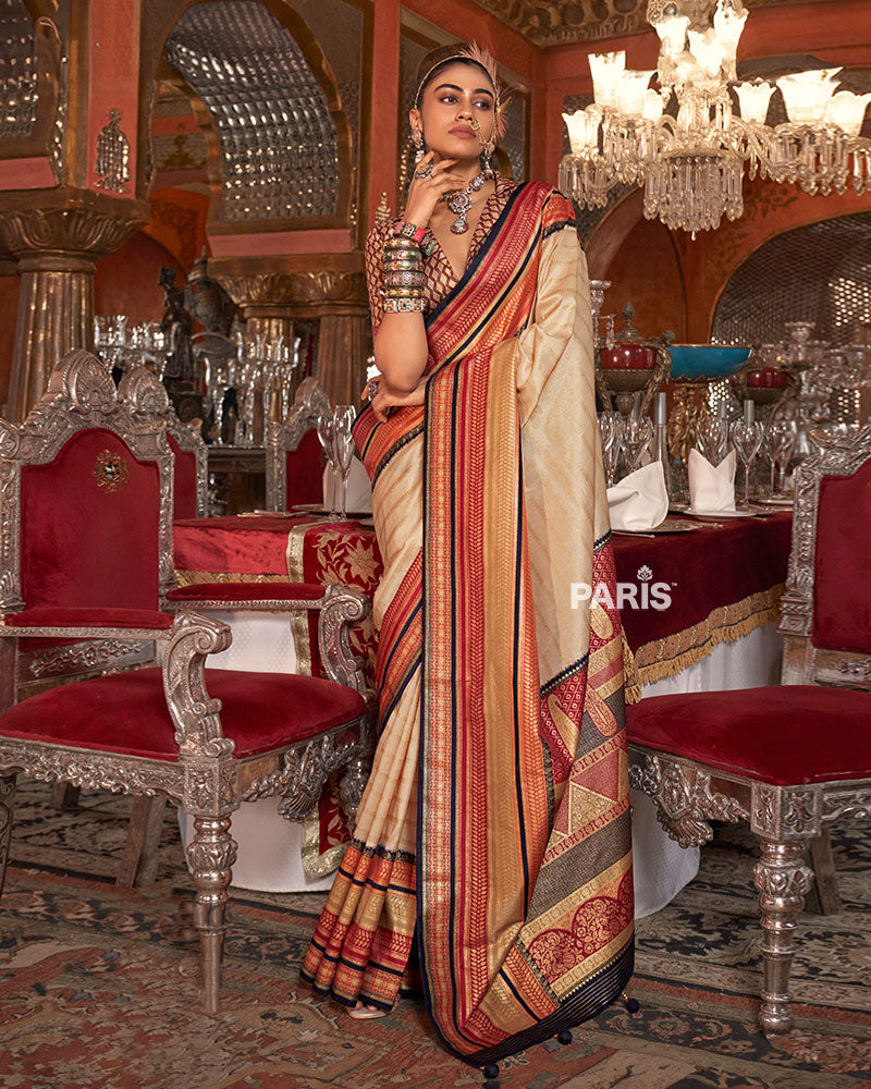 Cream Kanjivaram Silk Saree with Unstitched Blouse