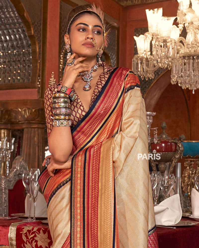 Cream Kanjivaram Silk Saree with Unstitched Blouse