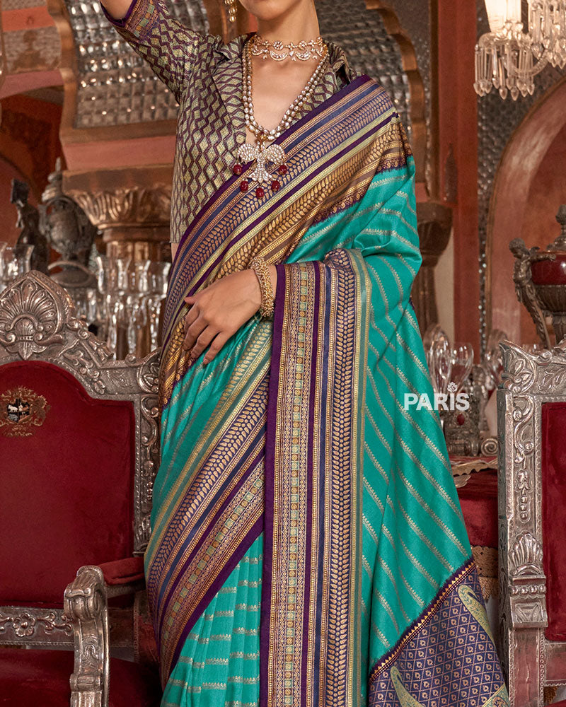 Light Teal Kanjivaram Silk Saree with Unstitched Blouse