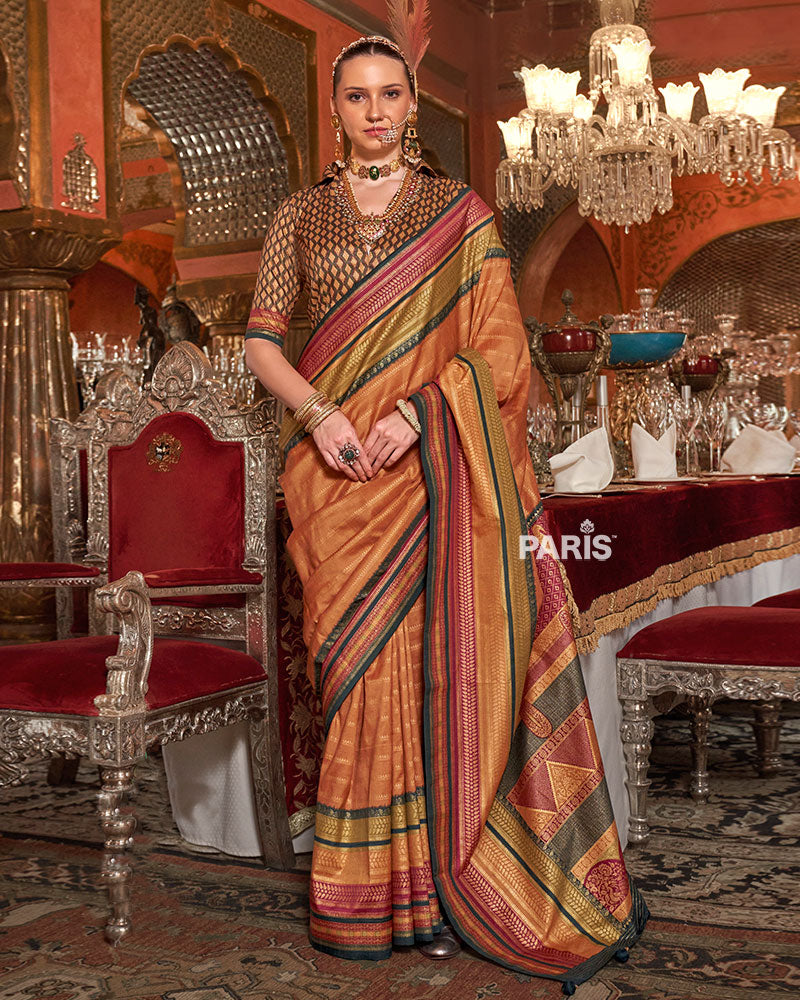 Orange Kanjivaram Silk Saree with Unstitched Blouse