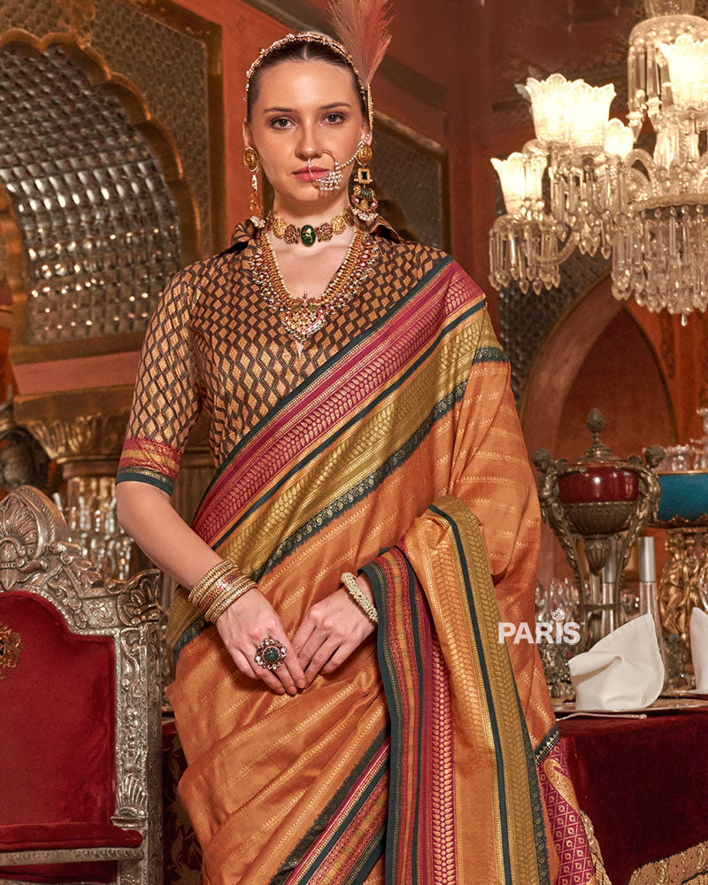 Orange Kanjivaram Silk Saree with Unstitched Blouse