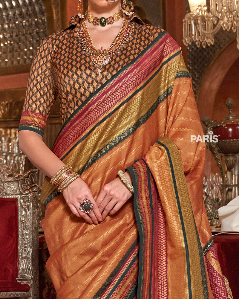 Orange Kanjivaram Silk Saree with Unstitched Blouse