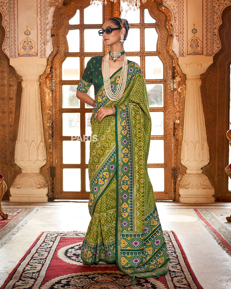 Olive Green Patola Silk Saree – Ethnic Printed Saree Online