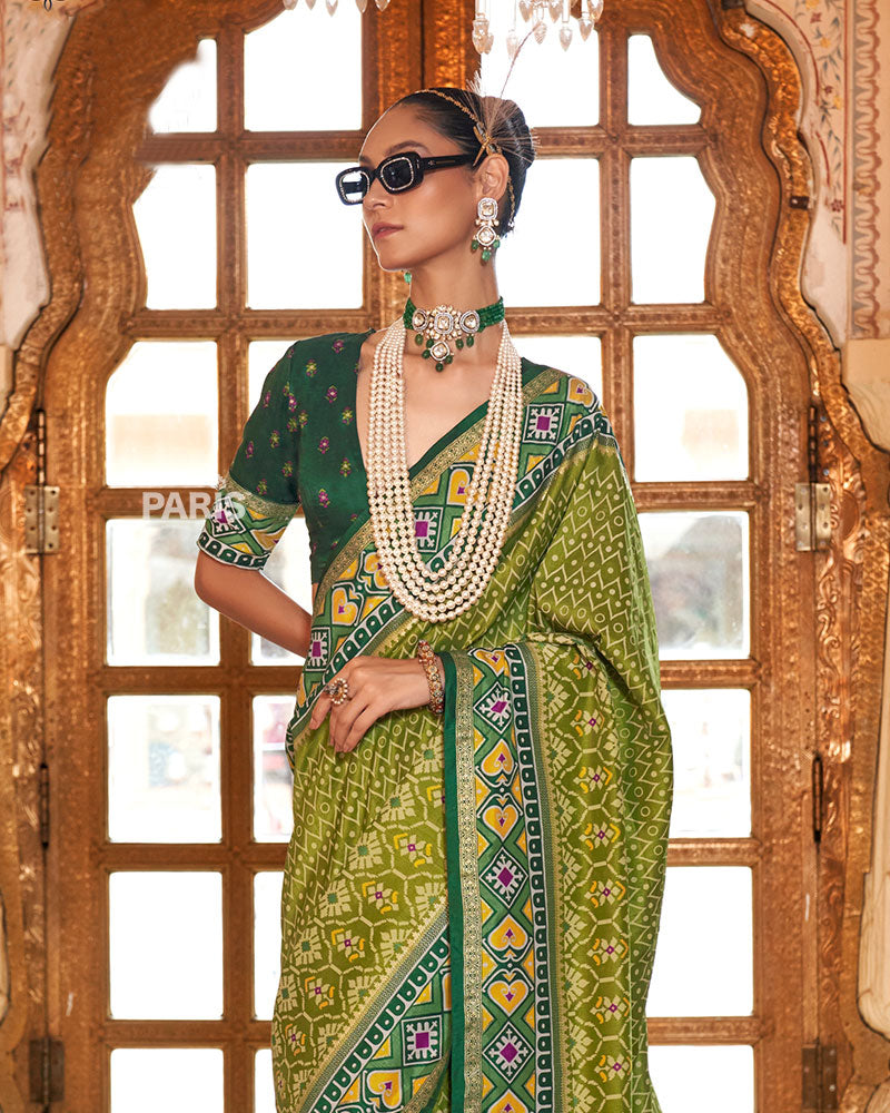 Olive Green Patola Silk Saree – Ethnic Printed Saree Online