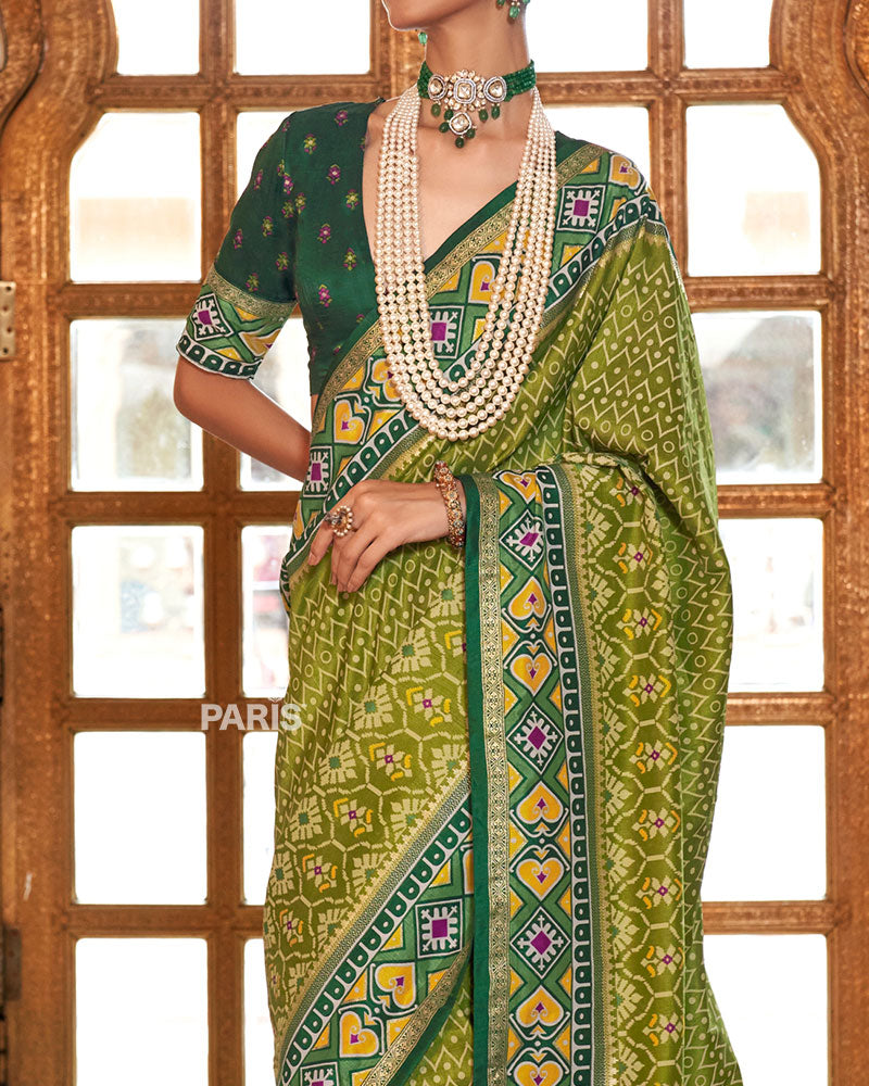 Olive Green Patola Silk Saree – Ethnic Printed Saree Online