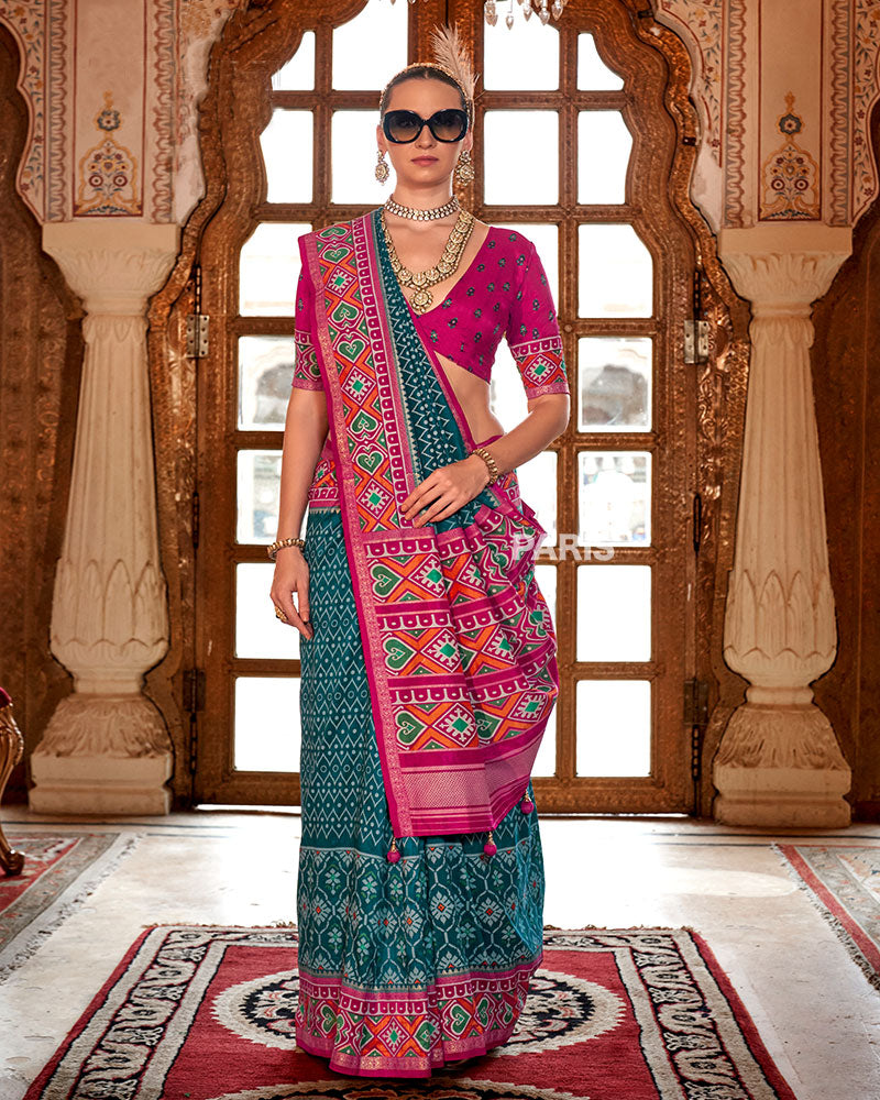Cyan Patola Silk Saree – Trendy Printed Saree for Festive Looks