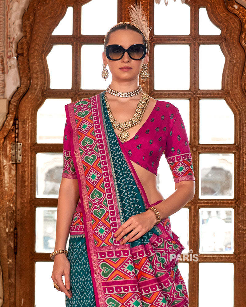 Cyan Patola Silk Saree – Trendy Printed Saree for Festive Looks