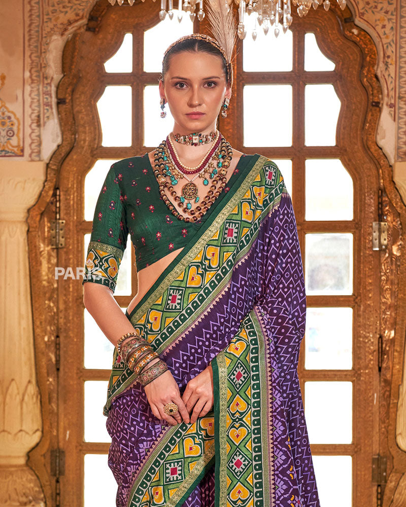 Purple Patola Silk Saree – Festive Printed Saree for Women