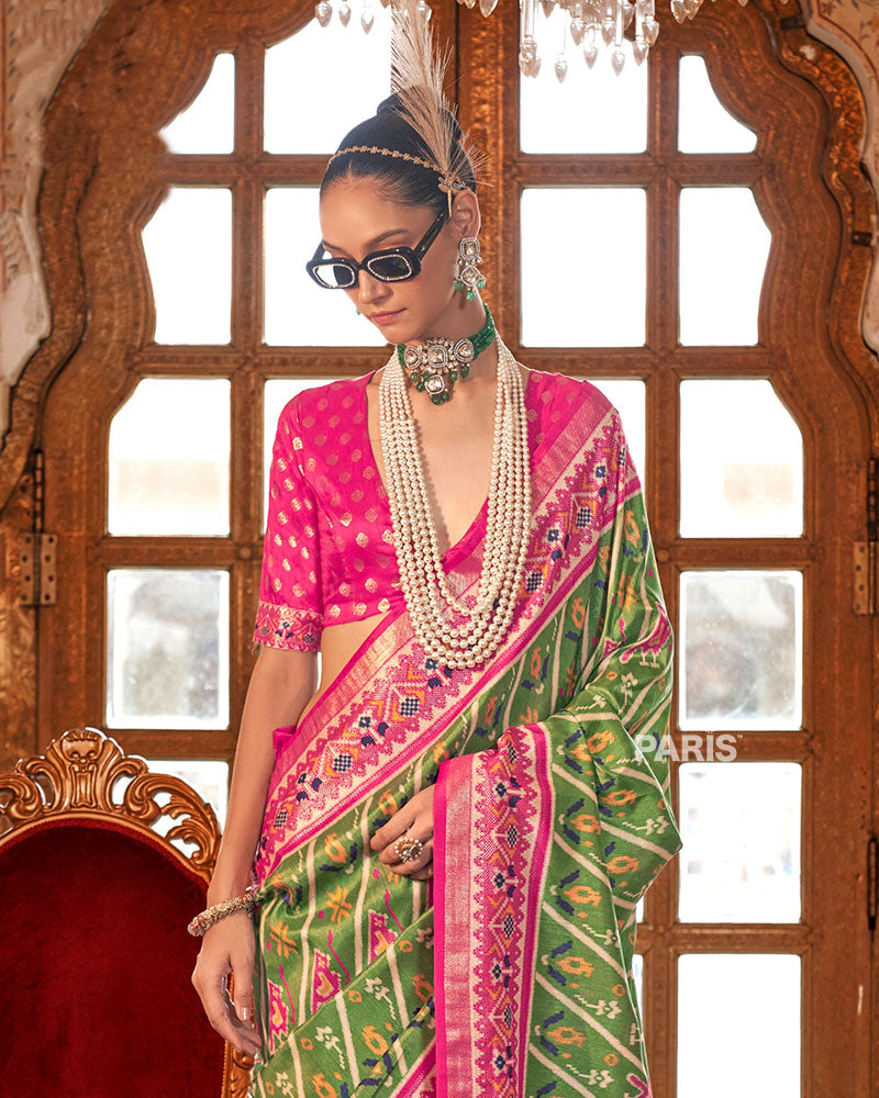 Moss Green Patola Silk Saree – Ethnic Printed Saree Trend