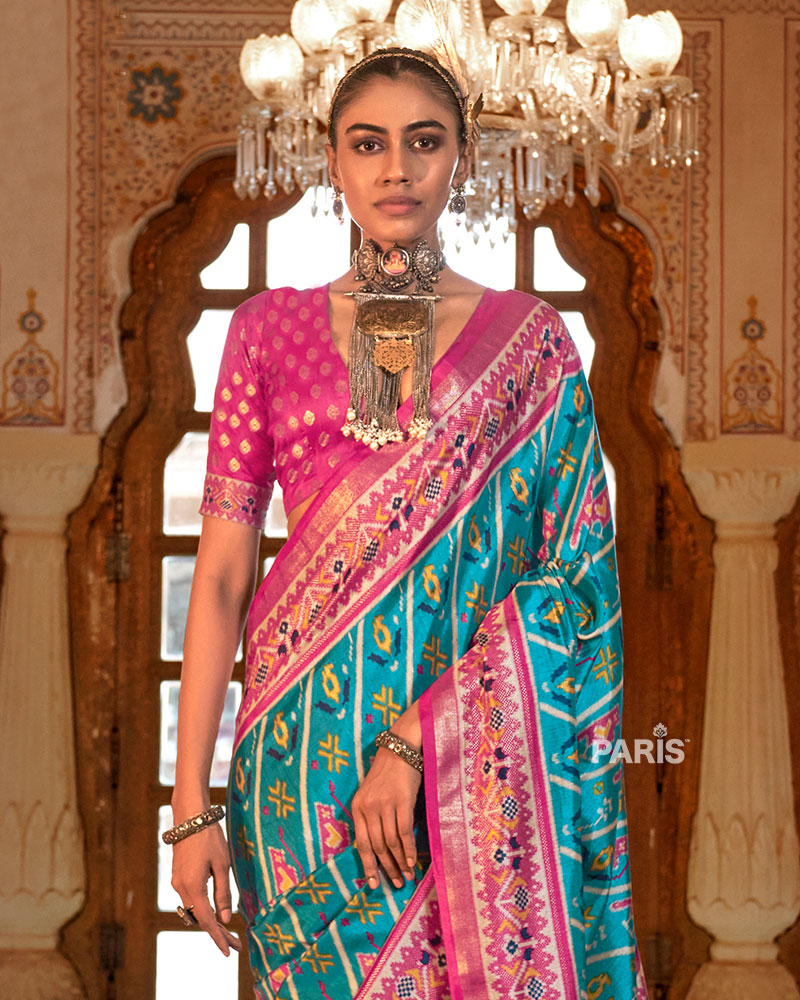 Electric Blue Patola Silk Saree – Designer Printed Saree Online