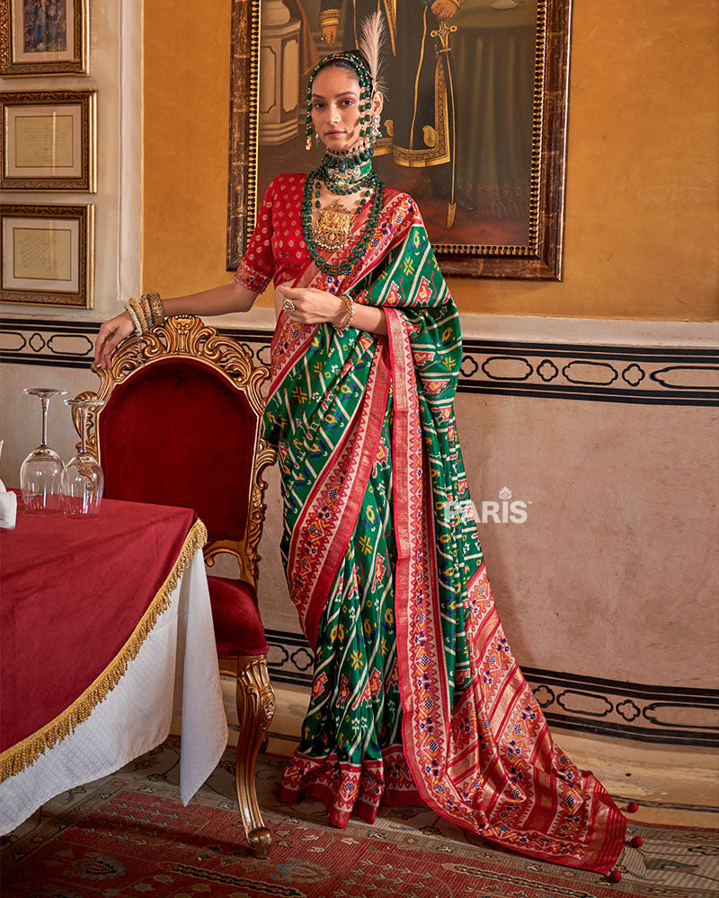 Dark Green Patola Silk Saree – Trendy Printed Saree for Festive Wear