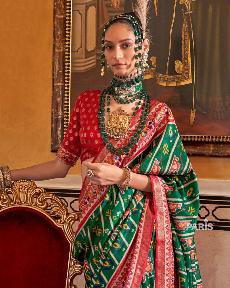 Dark Green Patola Silk Saree – Trendy Printed Saree for Festive Wear