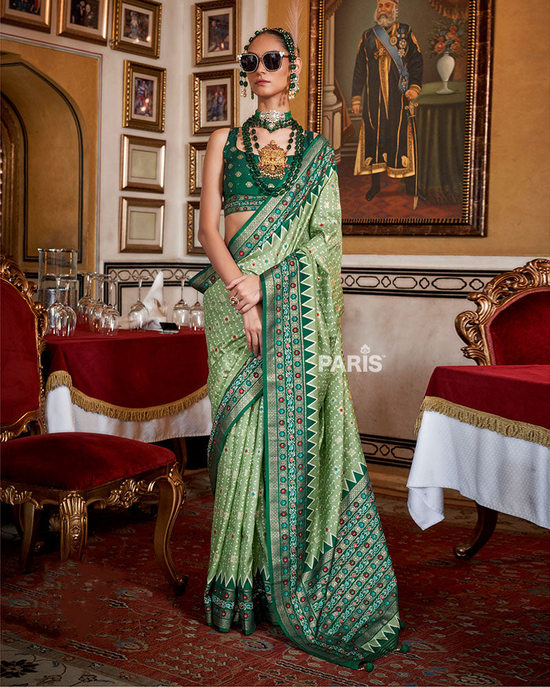 Elegant Sage Green Silk Saree with Teal Floral Border
