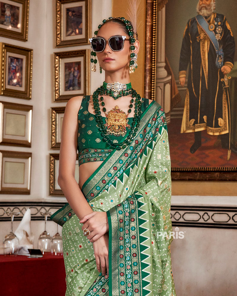 Elegant Sage Green Silk Saree with Teal Floral Border