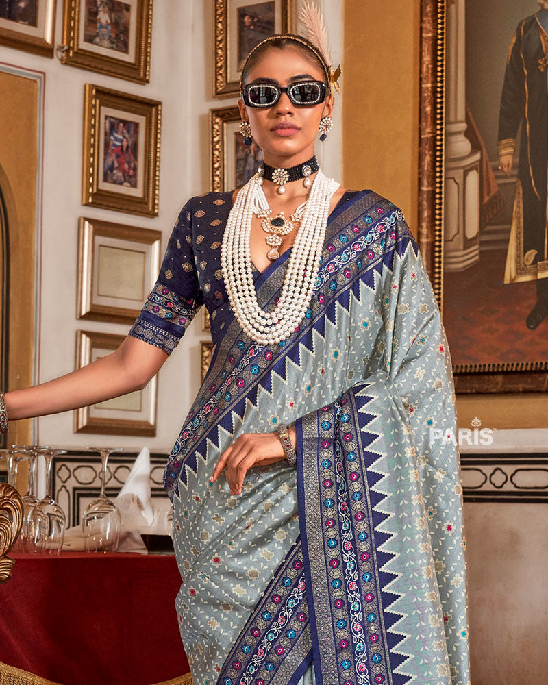 Light Gray Silk Saree with Navy Floral Printed Border