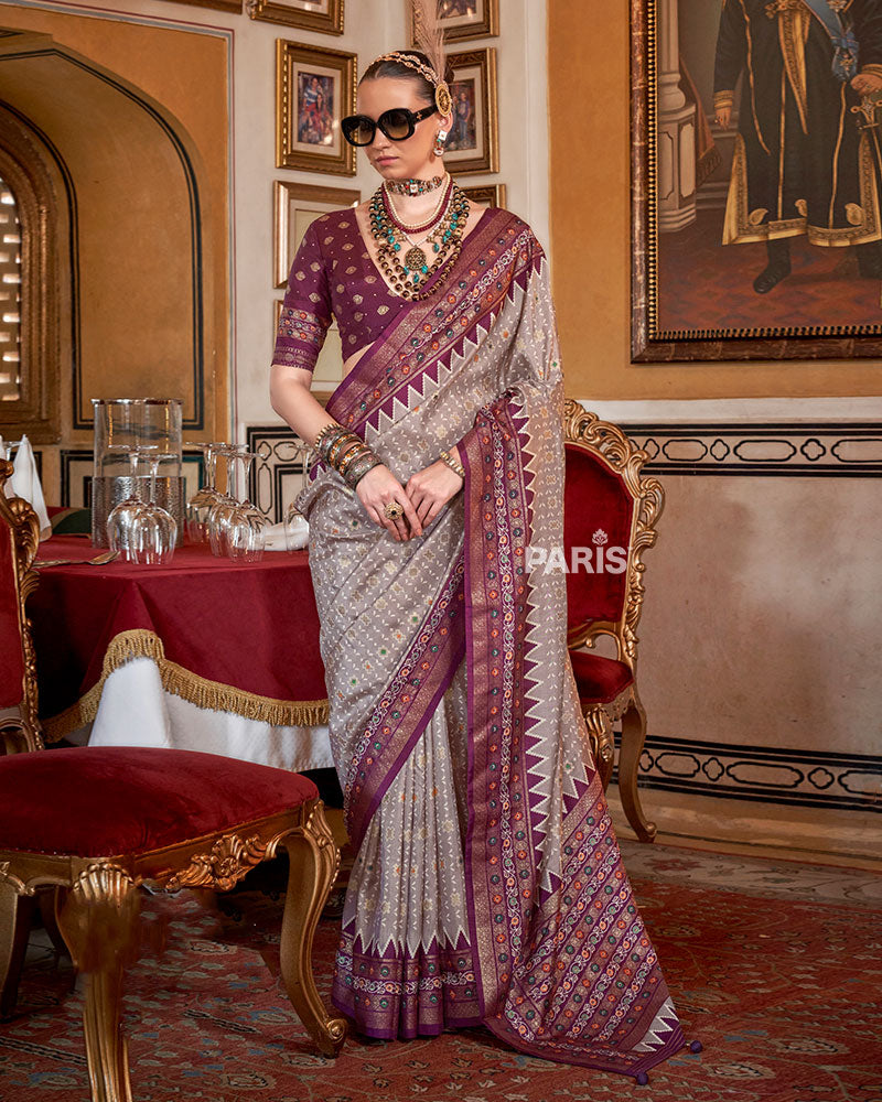 Light Gray with Purple Floral Motifs Printed Border Saree and Blouse