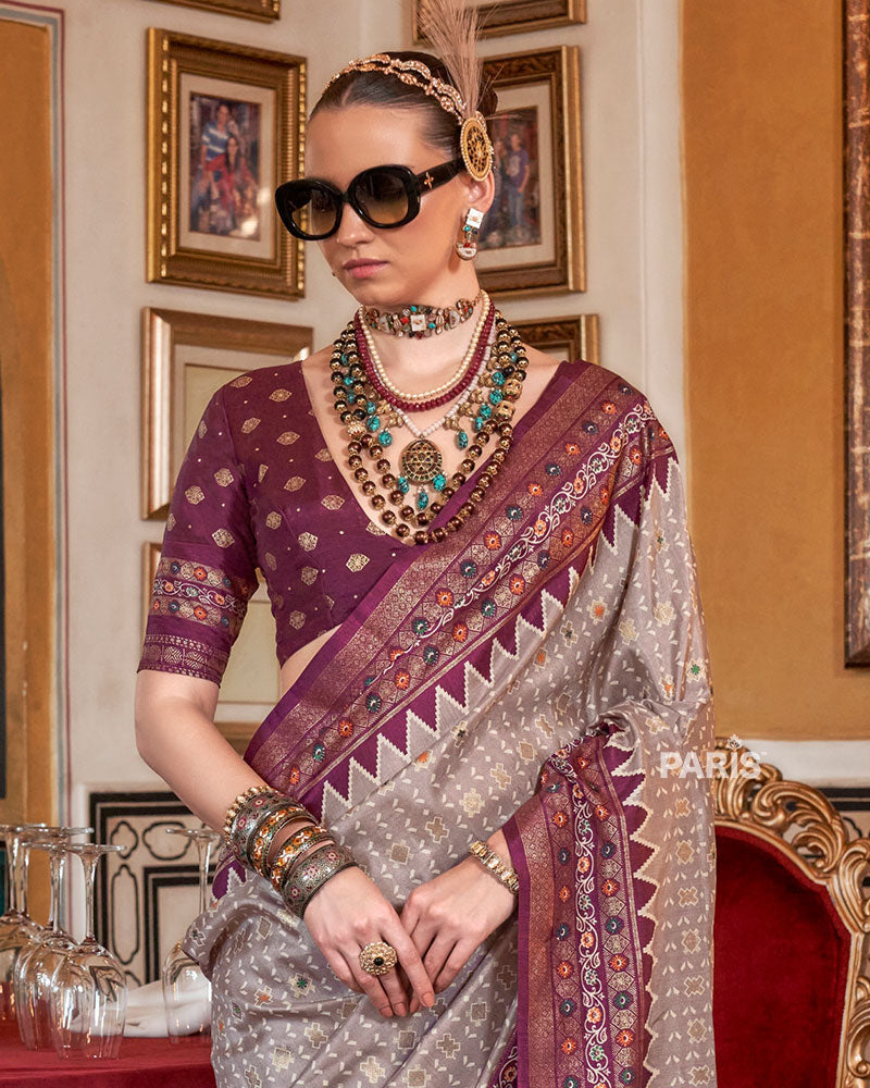 Light Gray with Purple Floral Motifs Printed Border Saree and Blouse