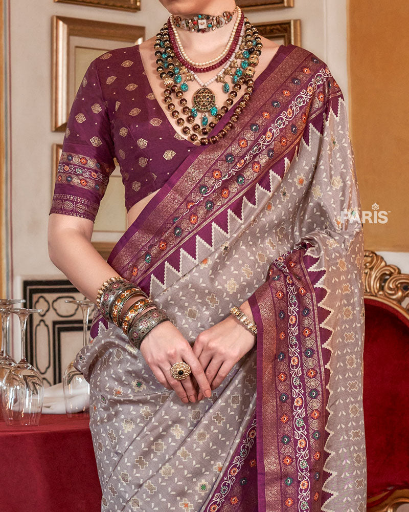 Light Gray with Purple Floral Motifs Printed Border Saree and Blouse