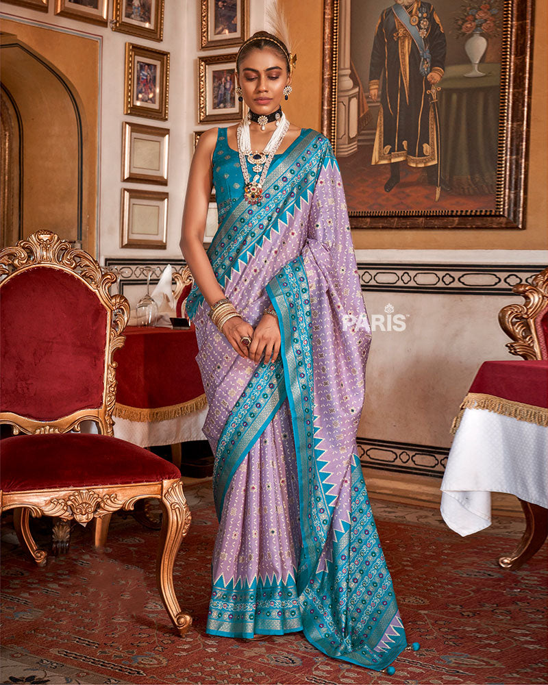 Light Purple with Teal Blue Floral Motifs Printed Border Saree and Blouse