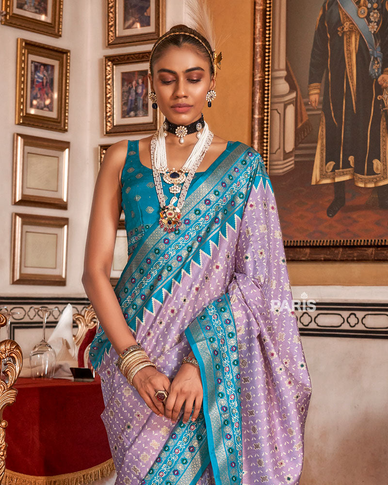 Light Purple with Teal Blue Floral Motifs Printed Border Saree and Blouse