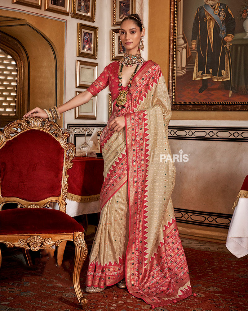 Beige with Red Floral Motifs Printed Border Saree and Blouse