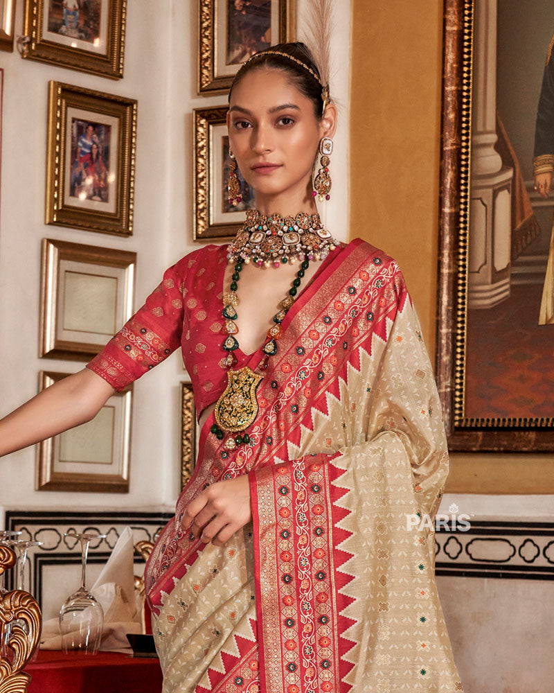 Beige with Red Floral Motifs Printed Border Saree and Blouse