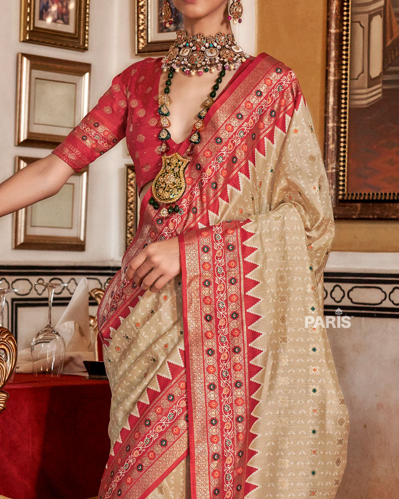 Beige with Red Floral Motifs Printed Border Saree and Blouse