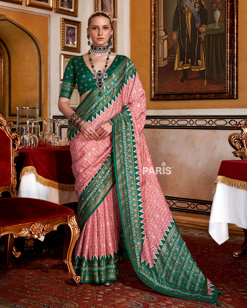 Pink with Green Floral Motifs Printed Border Saree and Blouse