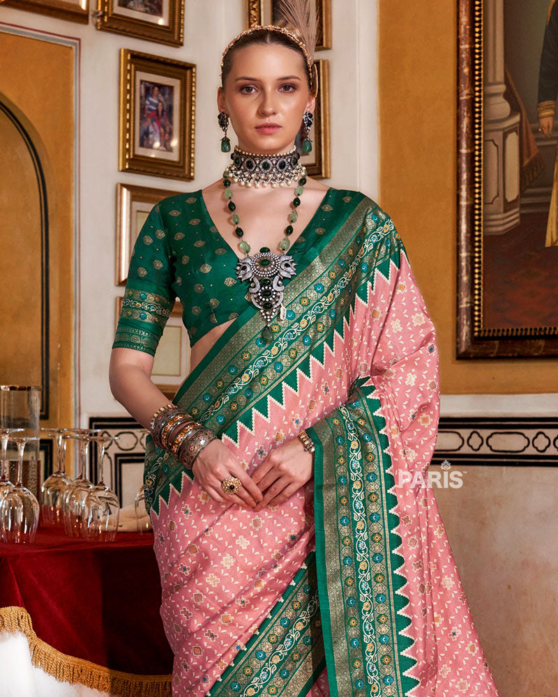 Pink with Green Floral Motifs Printed Border Saree and Blouse
