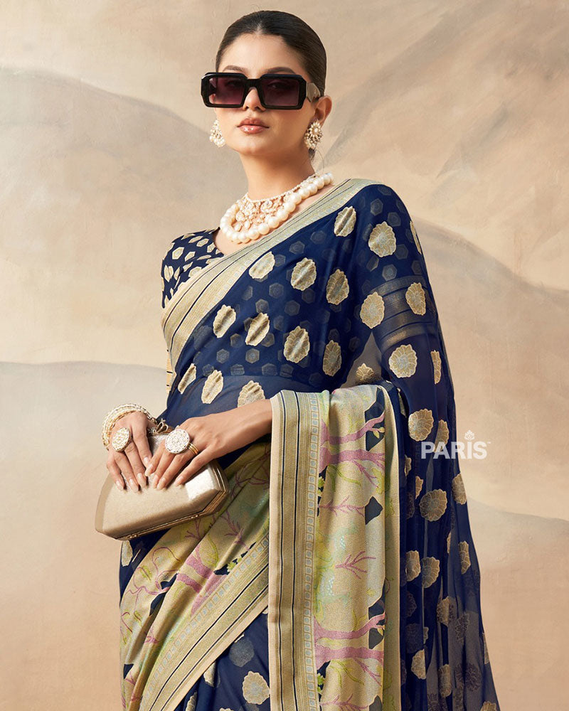 Navy Blue with Golden Polka Dots, Nature-Inspired Print Border Georgette Saree and Unstitched Blouse