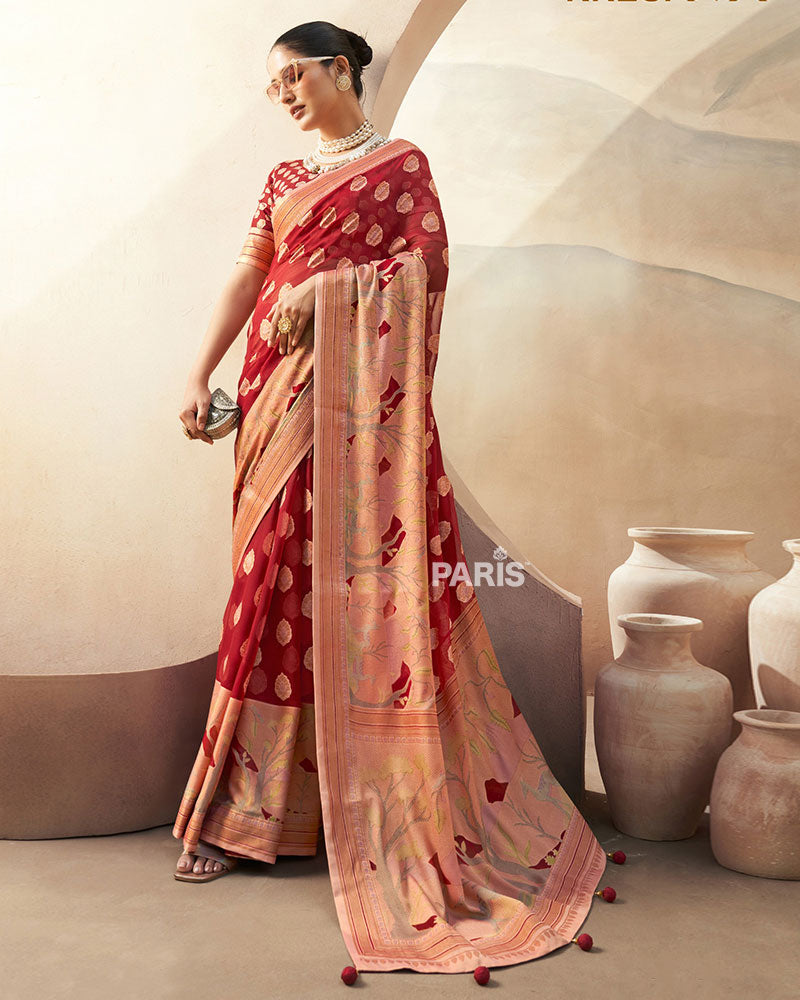 Red with Golden Polka Dots, Nature-Inspired Print Border Georgette Saree and Unstitched Blouse