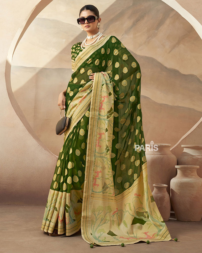 Green with Golden Polka Dots, Nature-Inspired Print Border Georgette Saree and Unstitched Blouse