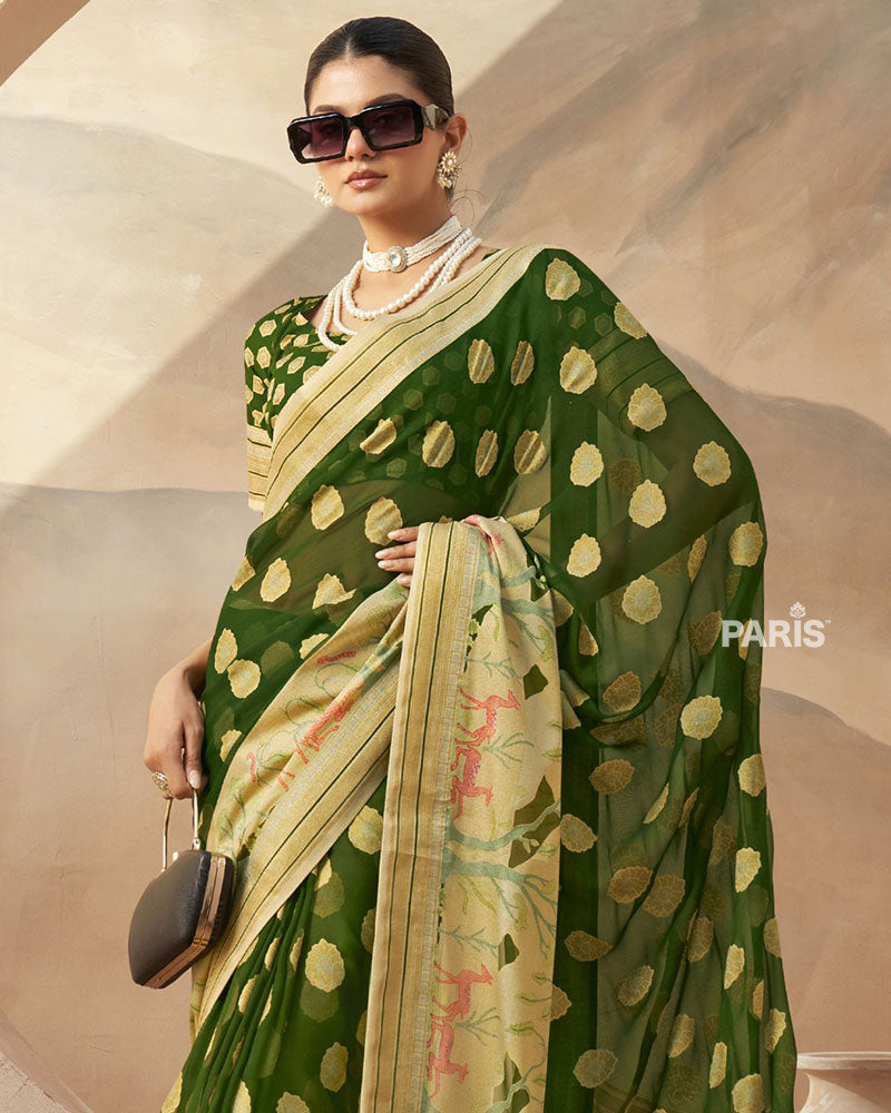 Green with Golden Polka Dots, Nature-Inspired Print Border Georgette Saree and Unstitched Blouse