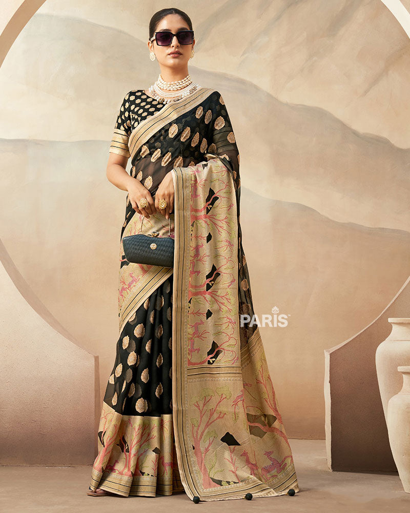 Black with Golden Polka Dots, Nature-Inspired Print Border Georgette Saree and Unstitched Blouse
