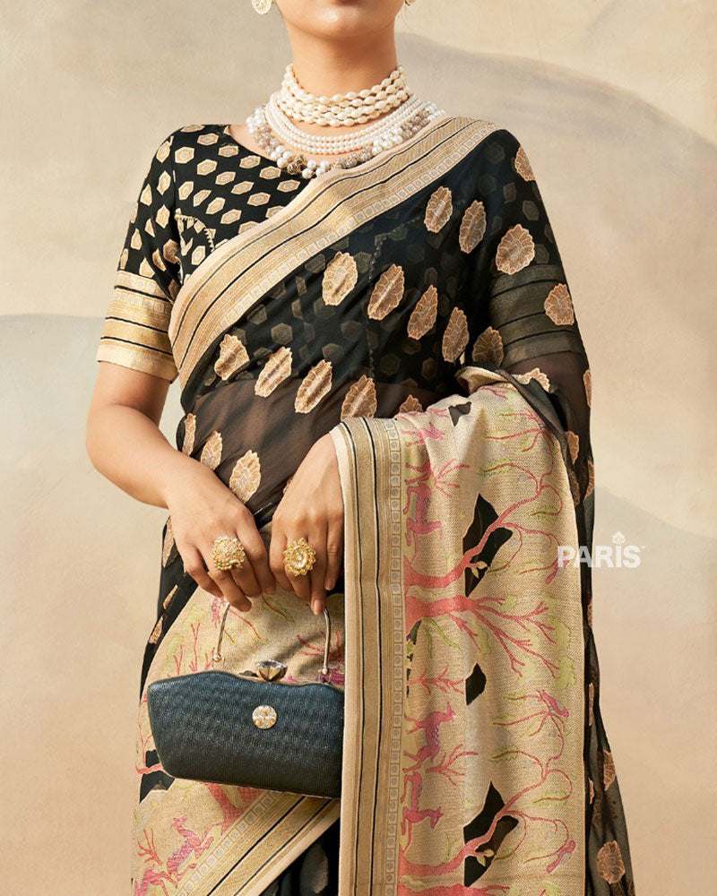 Black with Golden Polka Dots, Nature-Inspired Print Border Georgette Saree and Unstitched Blouse