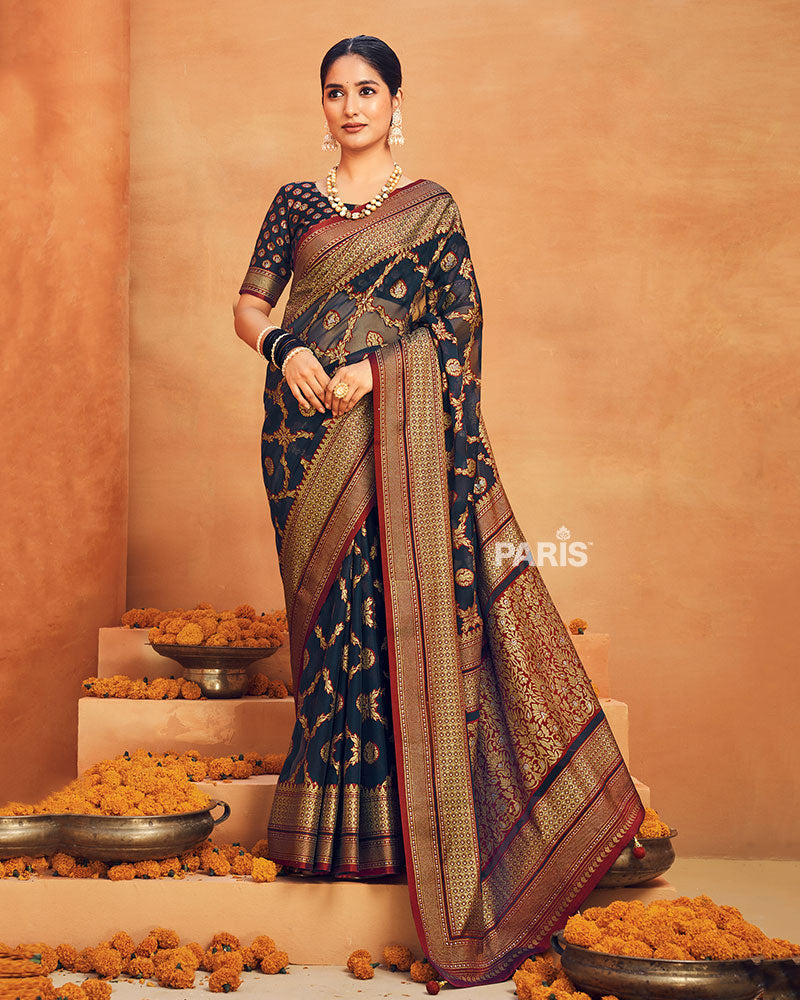 Navy Blue Printed Georgette Saree and Unstitched Blouse